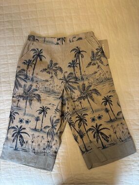 Palm Print Linen Blend Bermuda Shorts in Beige and Navy